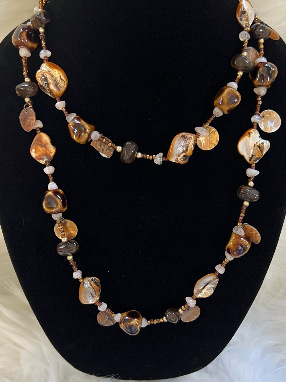 Boho Beach Vintage Long Chain Necklace Baroque MOP Pearl Caramel Ceramic Bead 49